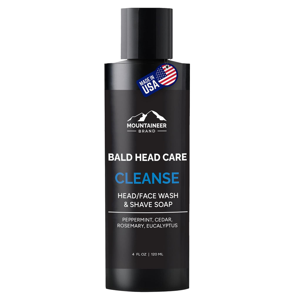 Mountaineer Brand Bald Head Wash bottle delivers a daily scalp cleanse with fresh, natural scent.