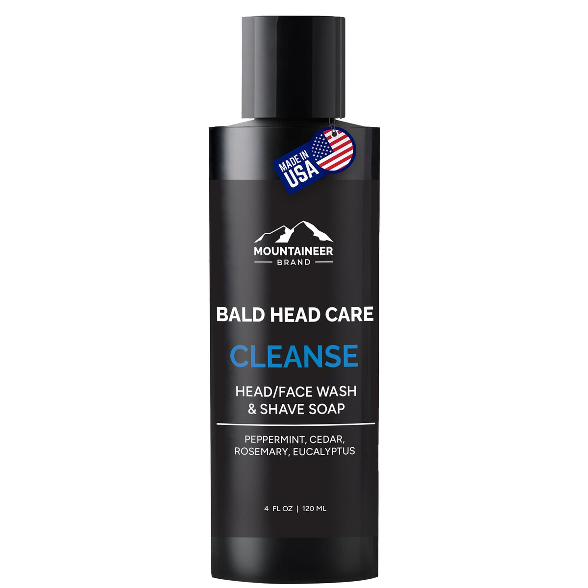 Mountaineer Brand Bald Head Wash bottle delivers a daily scalp cleanse with fresh, natural scent.