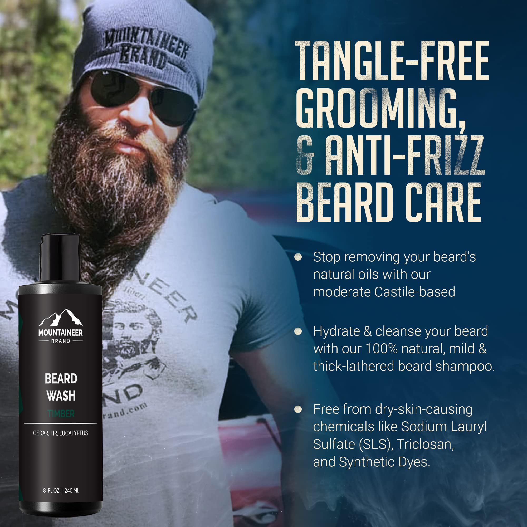 Hands applying Mountaineer Brand Beard Wash during daily grooming routine.