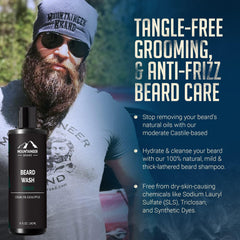 Hands applying Mountaineer Brand Beard Wash during daily grooming routine.