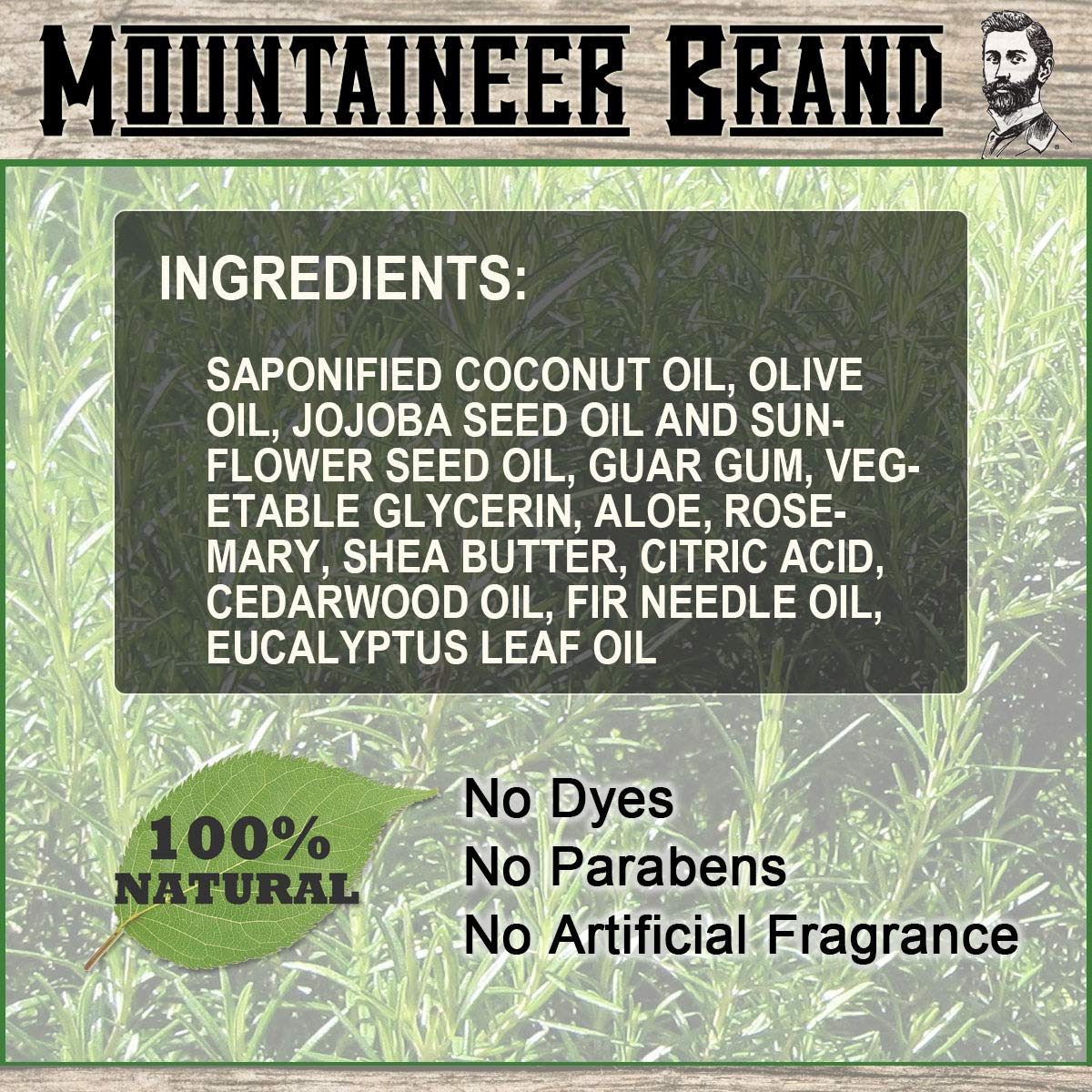 Mountaineer Brand beard wash natural ingredients label highlights Castile base and essential oils