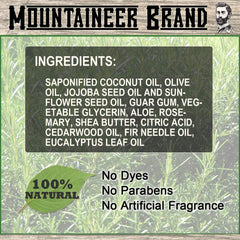 Mountaineer Brand beard wash natural ingredients label highlights Castile base and essential oils