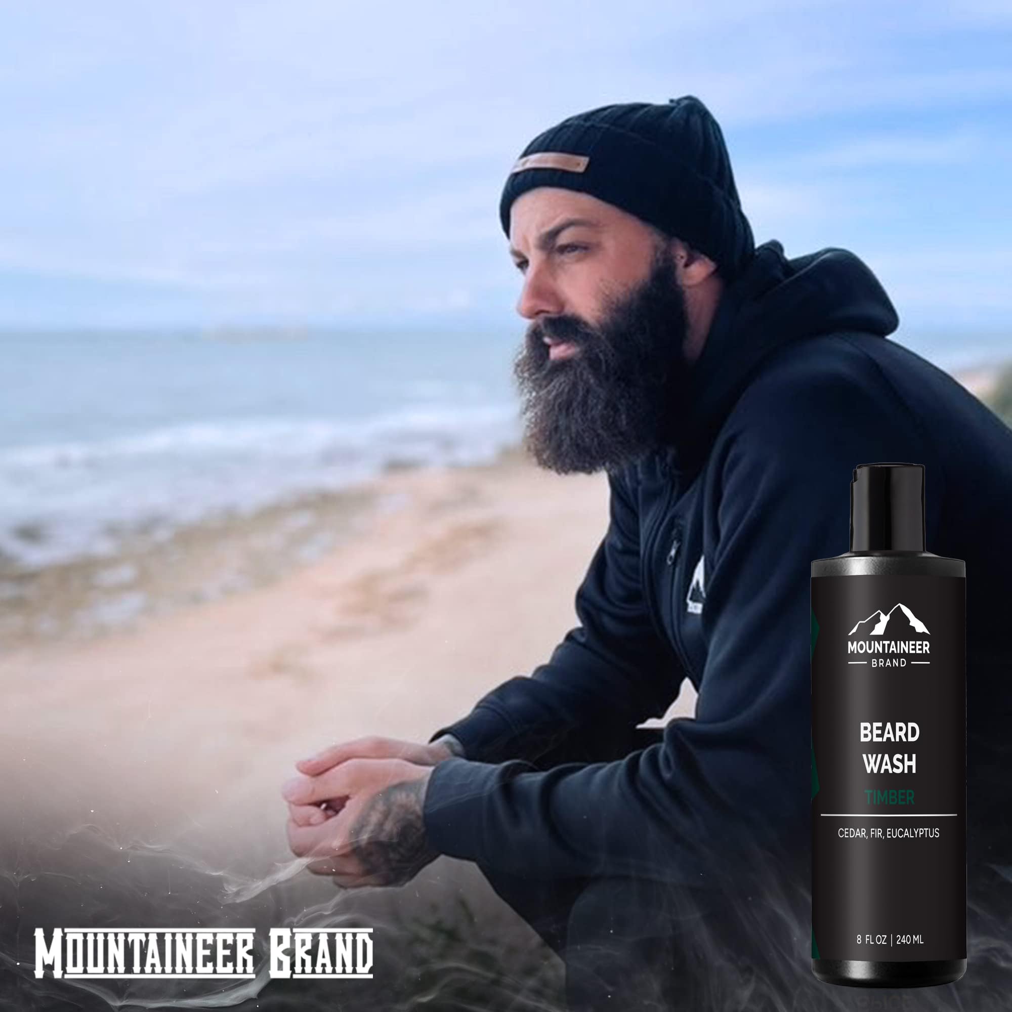 Front packaging of Mountaineer Brand Beard Wash highlighting timber scent.