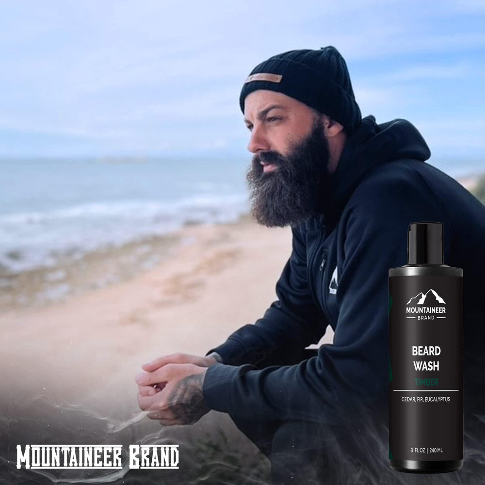 Front packaging of Mountaineer Brand Beard Wash highlighting timber scent.