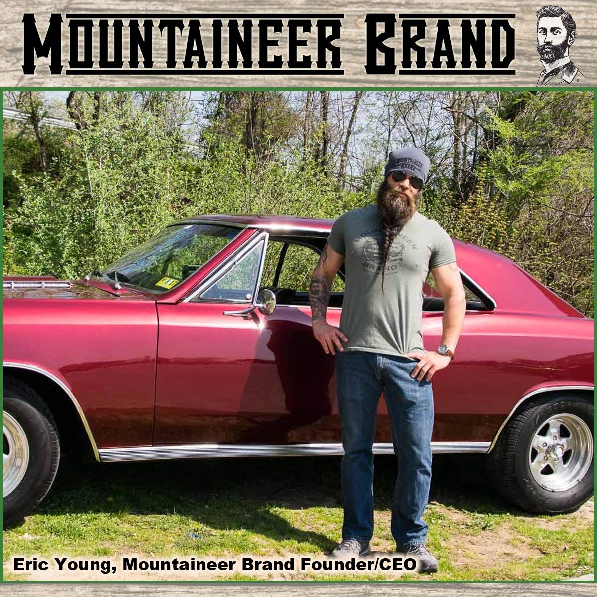 Mountaineer Brand beard wash packaging on wood background travel-friendly