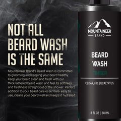 Close-up shows Mountaineer Brand Beard Wash softening texture for easier detangling.