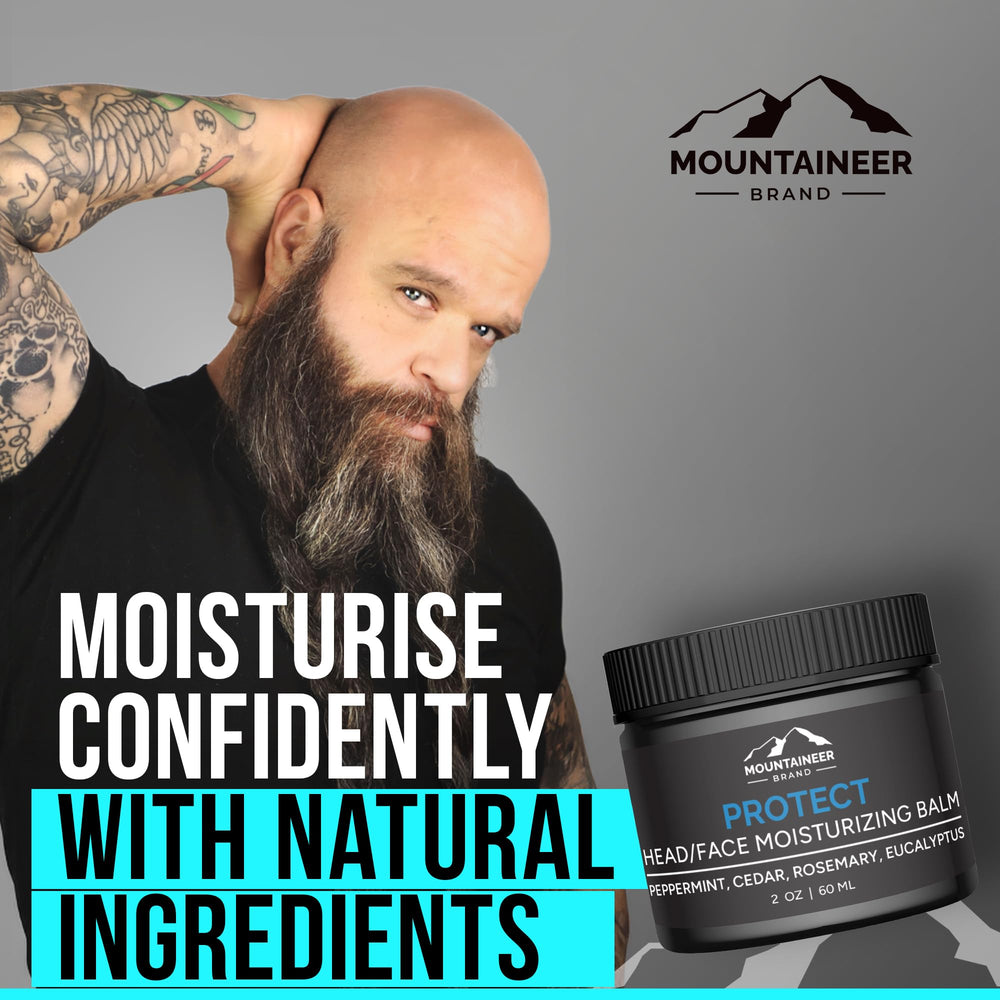 Mountaineer Brand balm is applied to bald head for conditioning