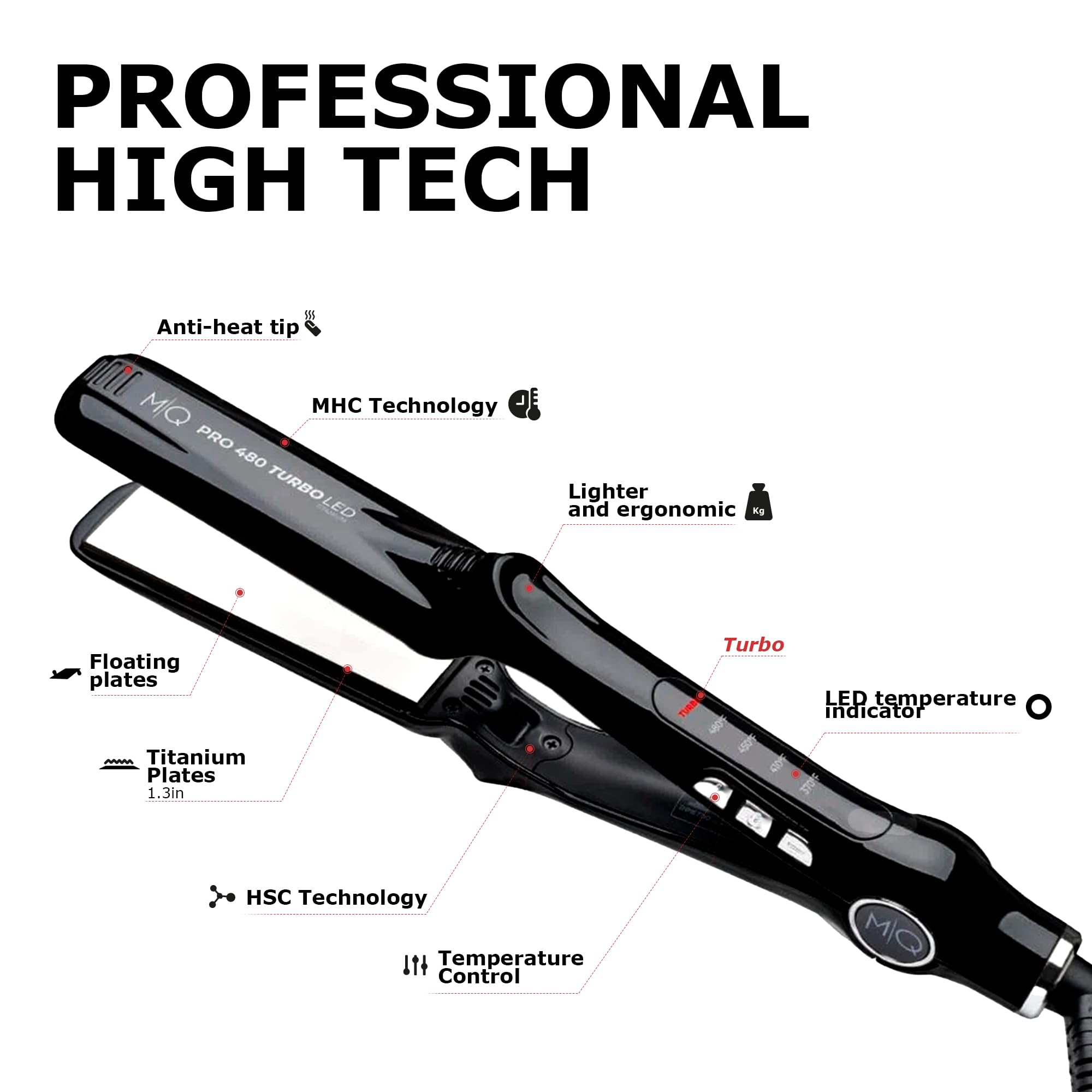 MQ Hair mirror-finish flat iron highlighting a sleek professional look.