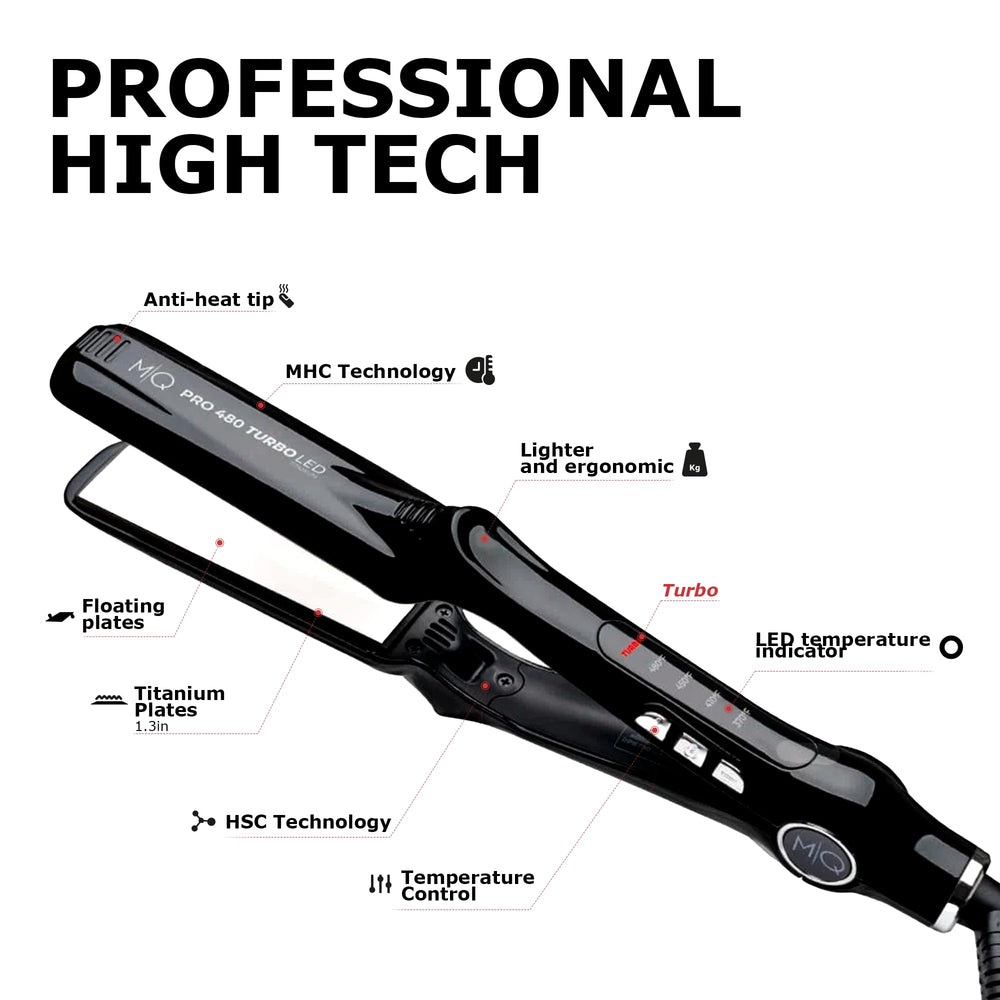 MQ Hair mirror-finish flat iron highlighting a sleek professional look.