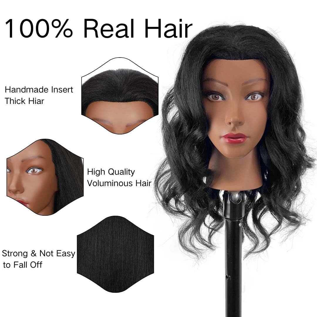 MQHIHI human-hair mannequin head close-up showing natural texture for realistic styling