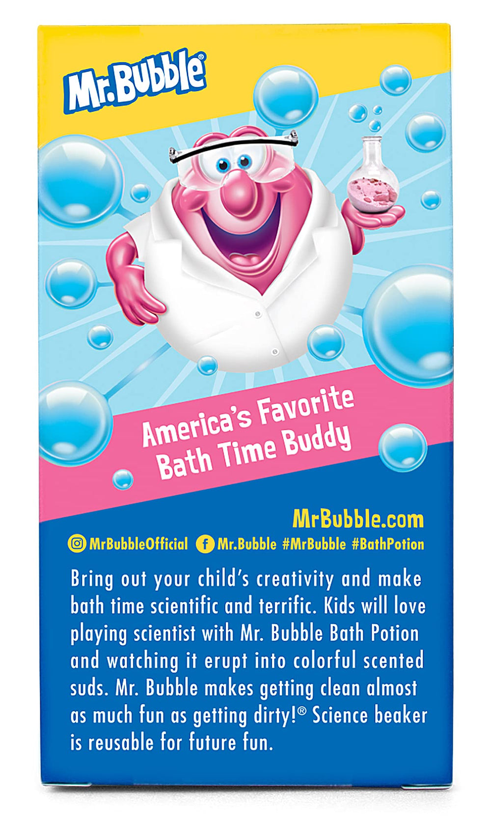 Mr. Bubble Bath Potion science beaker pours colorful suds for a magical bath-time experiment