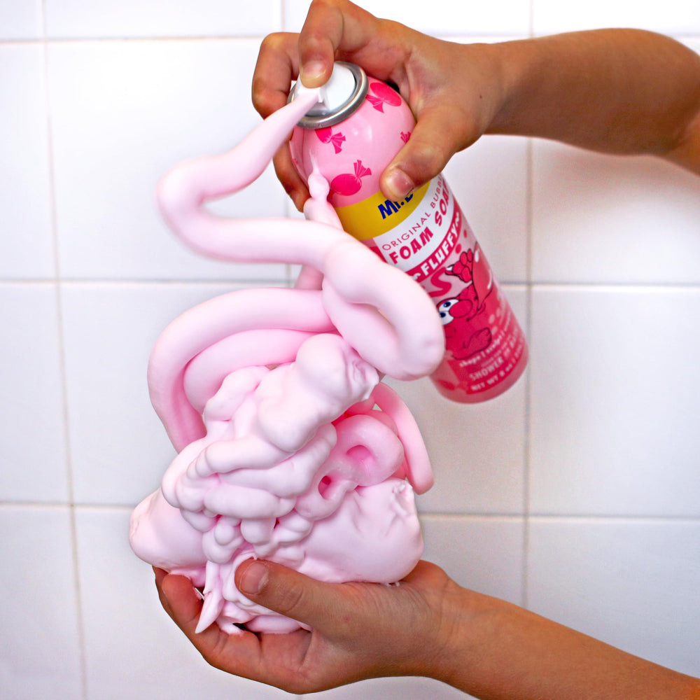Mr. Bubble bubblegum foam texture close-up ideal for shaping during bath.