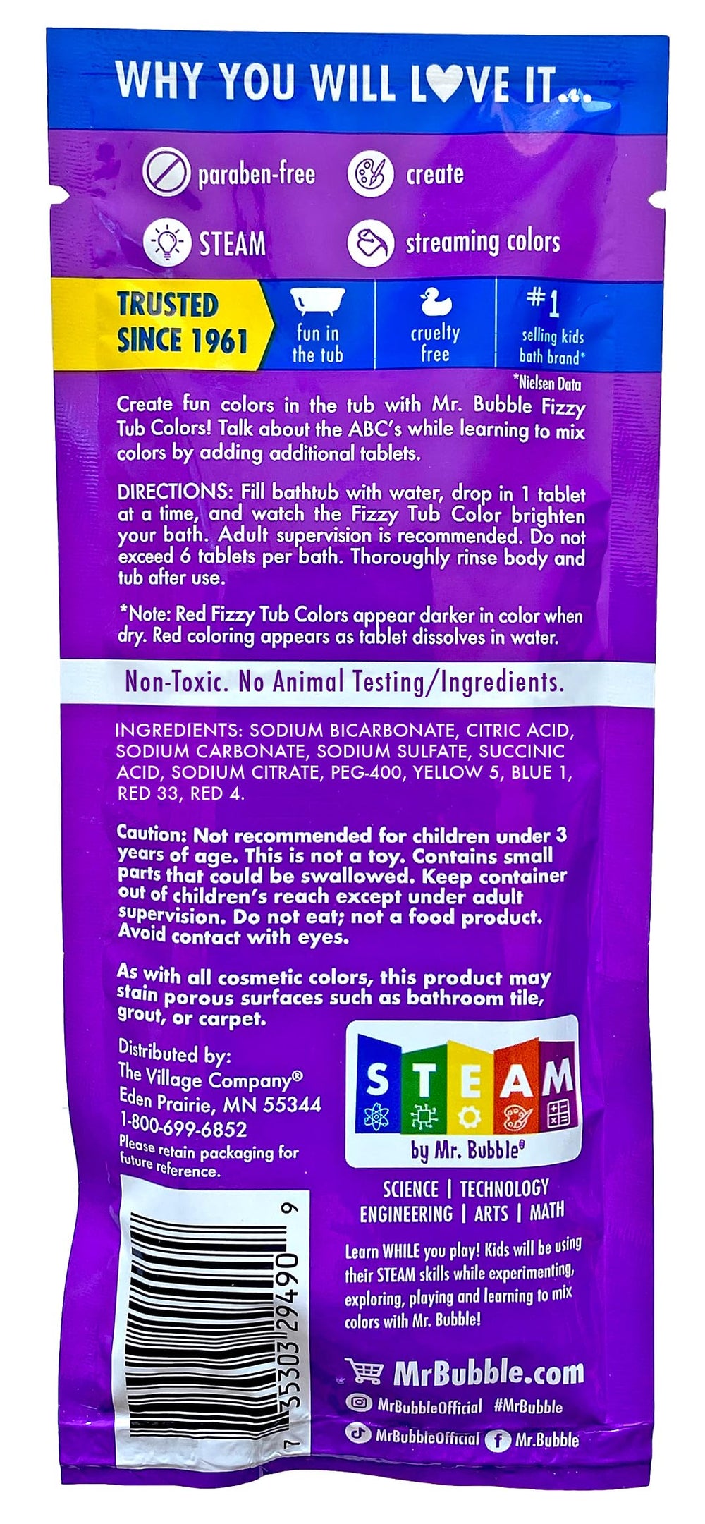 Mr. Bubble color tablet dissolving in water shows easy tub-time color.