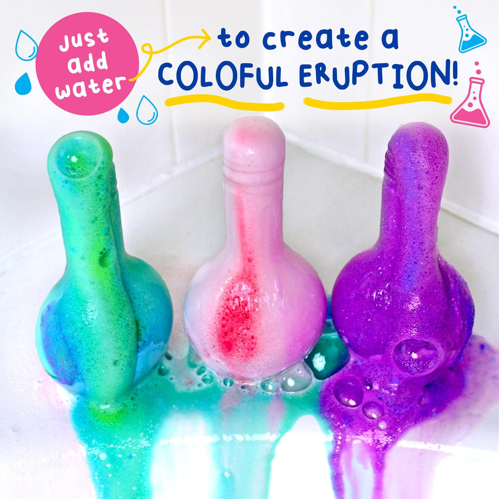 Mr. Bubble bath potions in use create colorful suds and a sensory experience