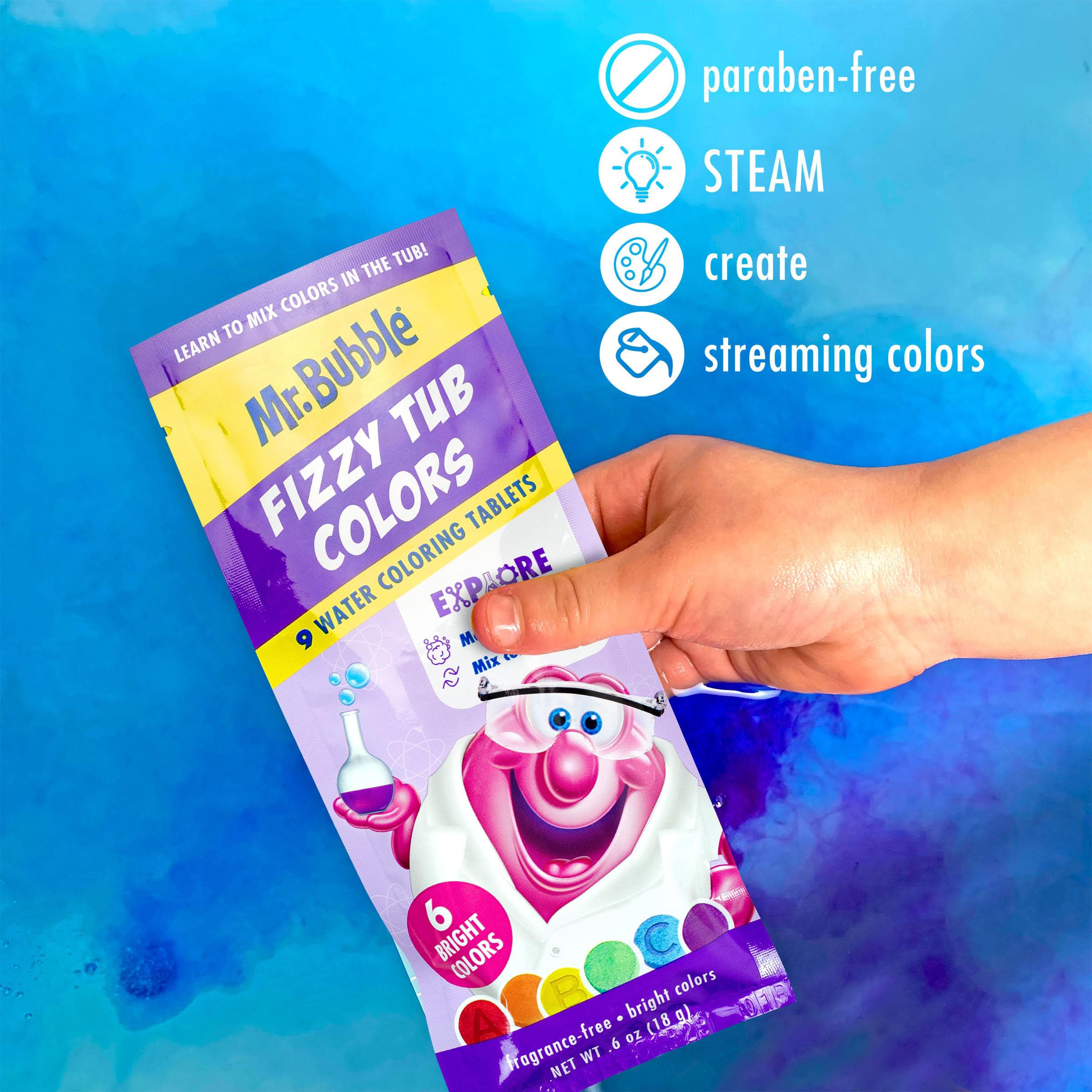 Mr. Bubble blue tablet swirls a soothing blue shade in water.