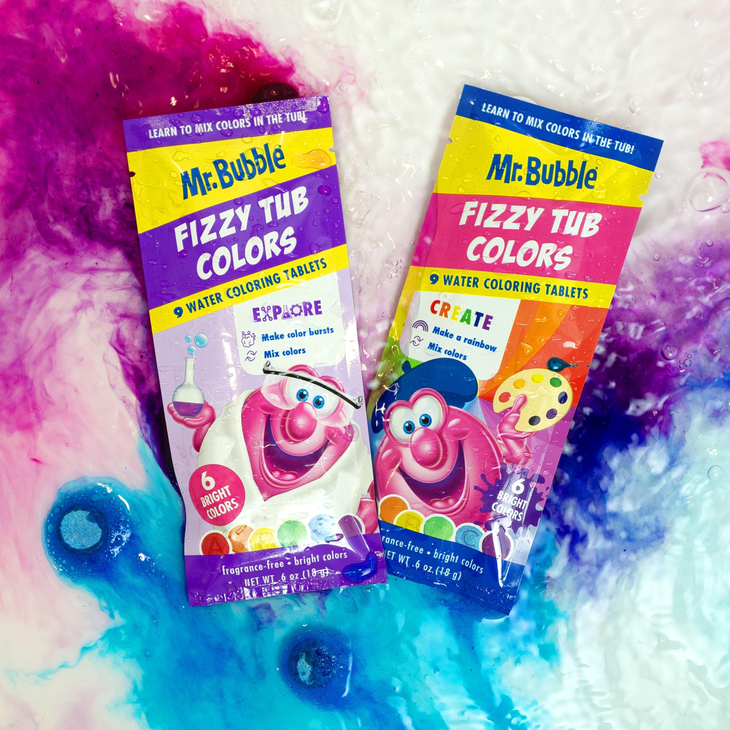 Mr. Bubble purple tablet creates playful purple hues during bath.