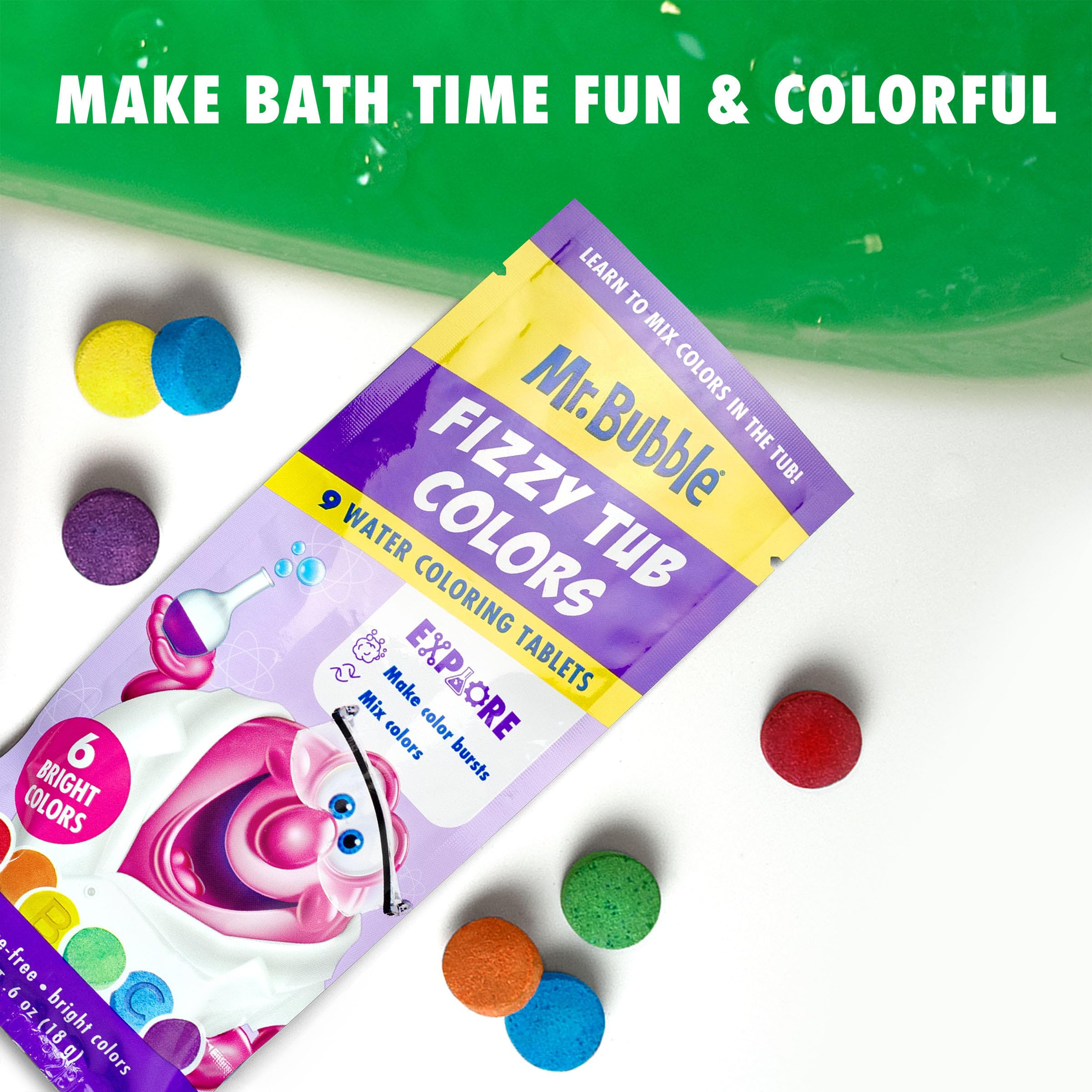 Mr. Bubble yellow tablet brightens bath while kids explore colors.