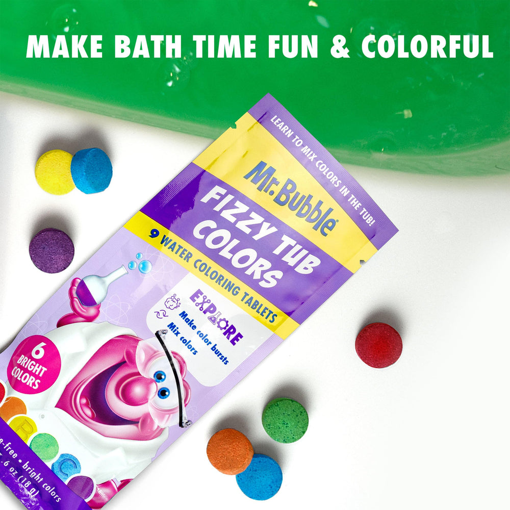 Mr. Bubble yellow tablet brightens bath while kids explore colors.