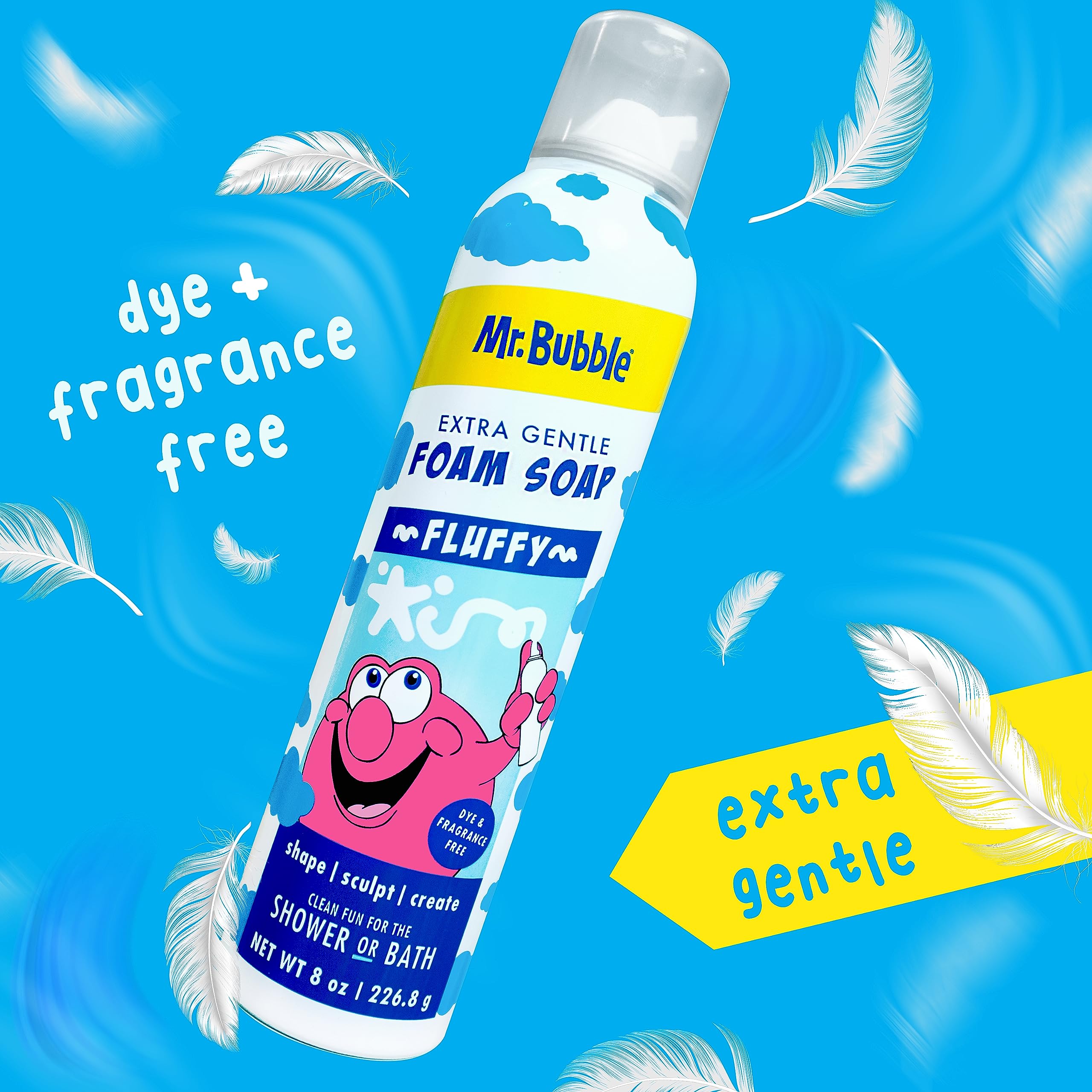 Mr. Bubble fluffy nozzle dispenses foam for easy, mess-minimized bath time.