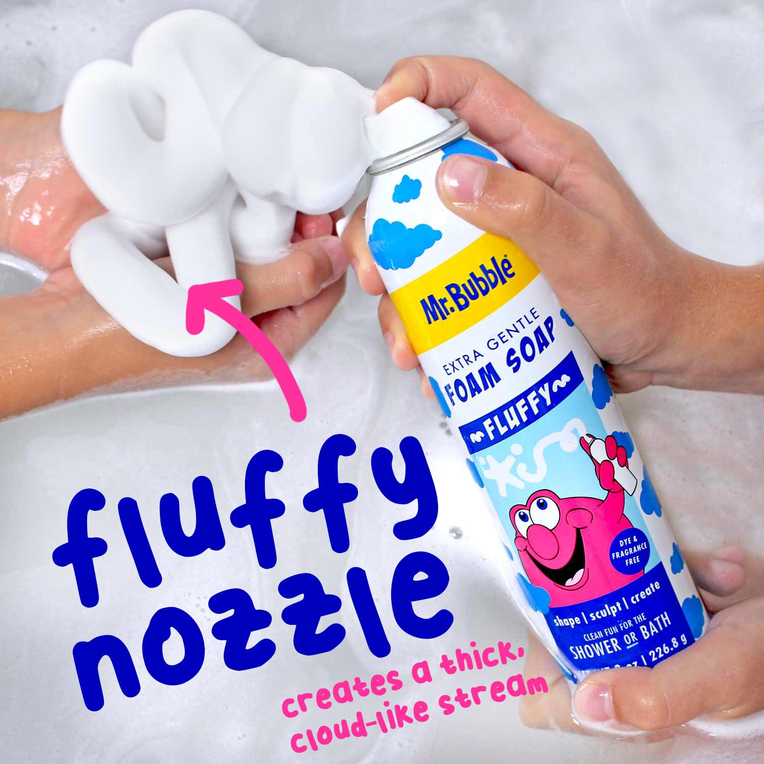 Mr. Bubble fragrance-free foam lather visible for soft, kid-friendly cleansing experiences.