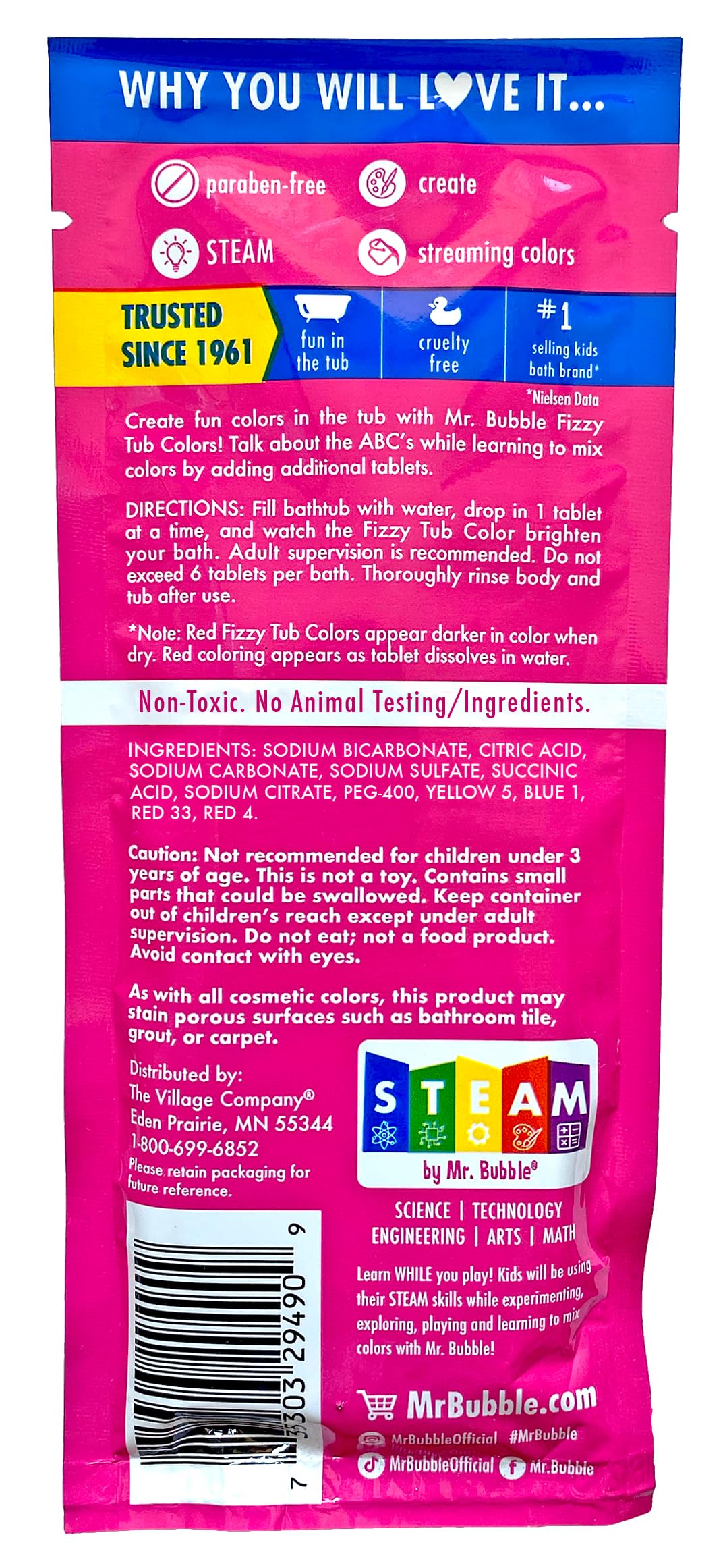 Mr. Bubble fragrance-free tablet emphasizes safe, scent-free bath color.