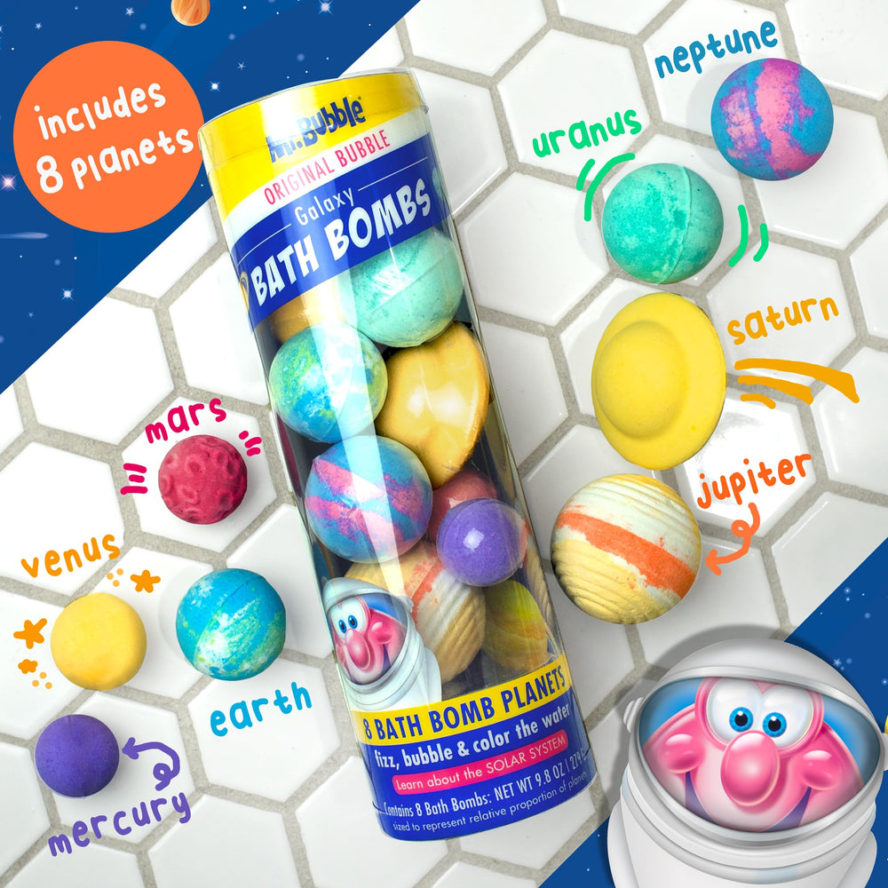 Mr. Bubble Galaxy Bath Bomb Venus releases swirling colors in a sunny pink bath.