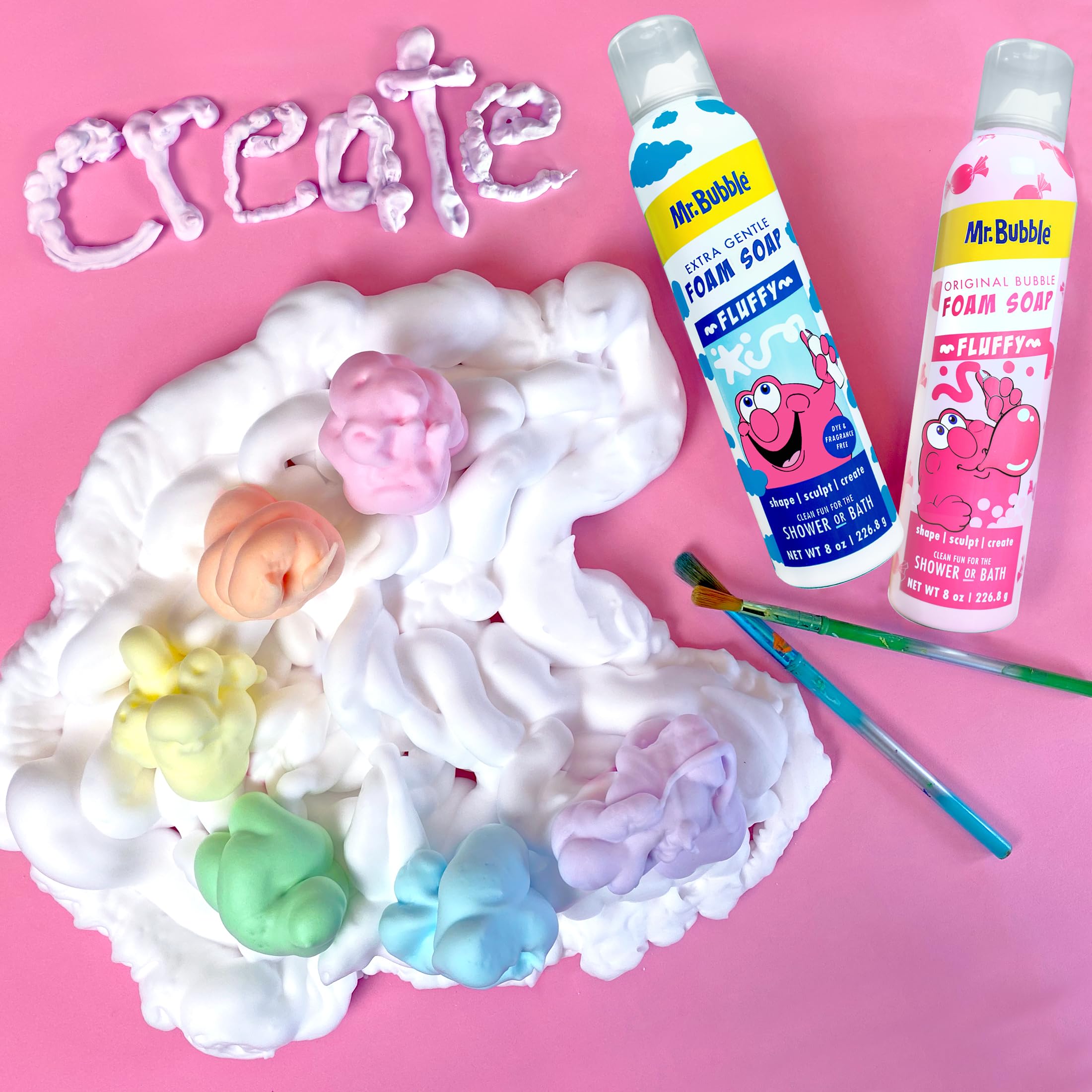 Mr. Bubble bubblegum scent foamy soap in kids bath for creative sculpting.