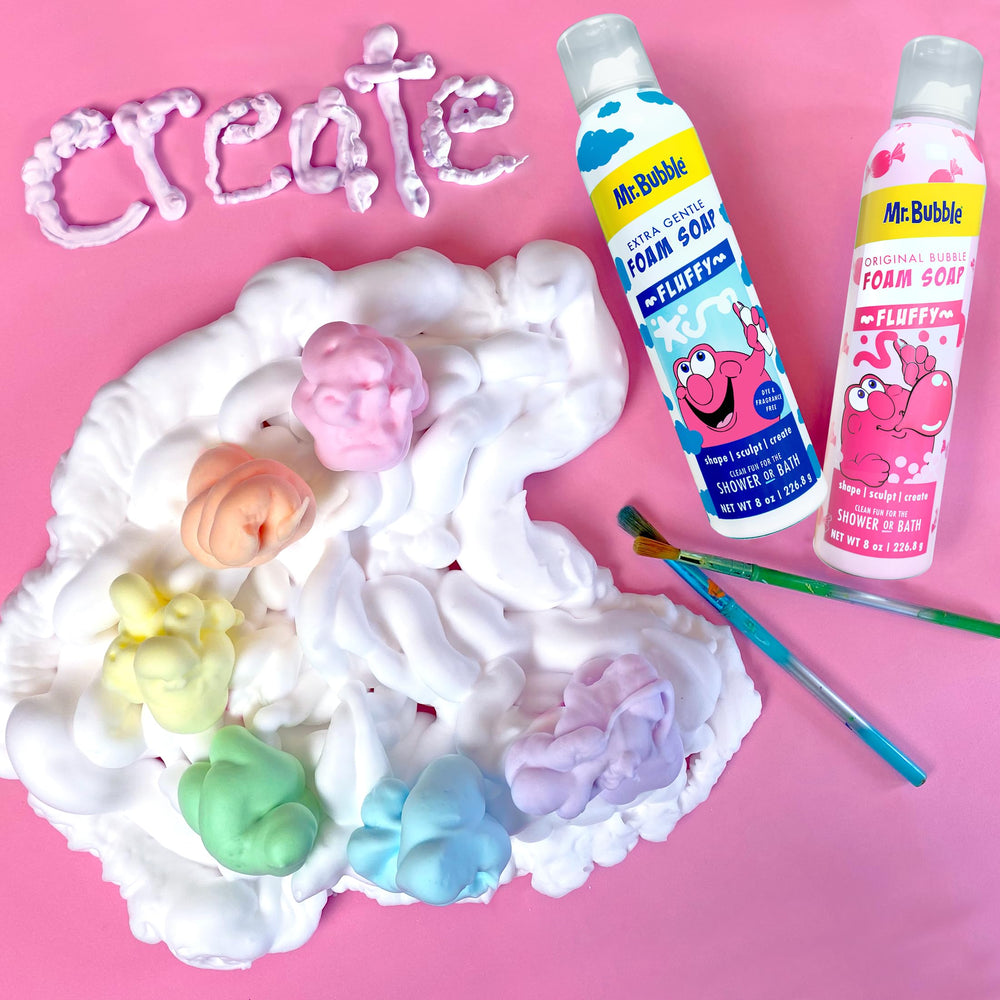 Mr. Bubble bubblegum scent foamy soap in kids bath for creative sculpting.