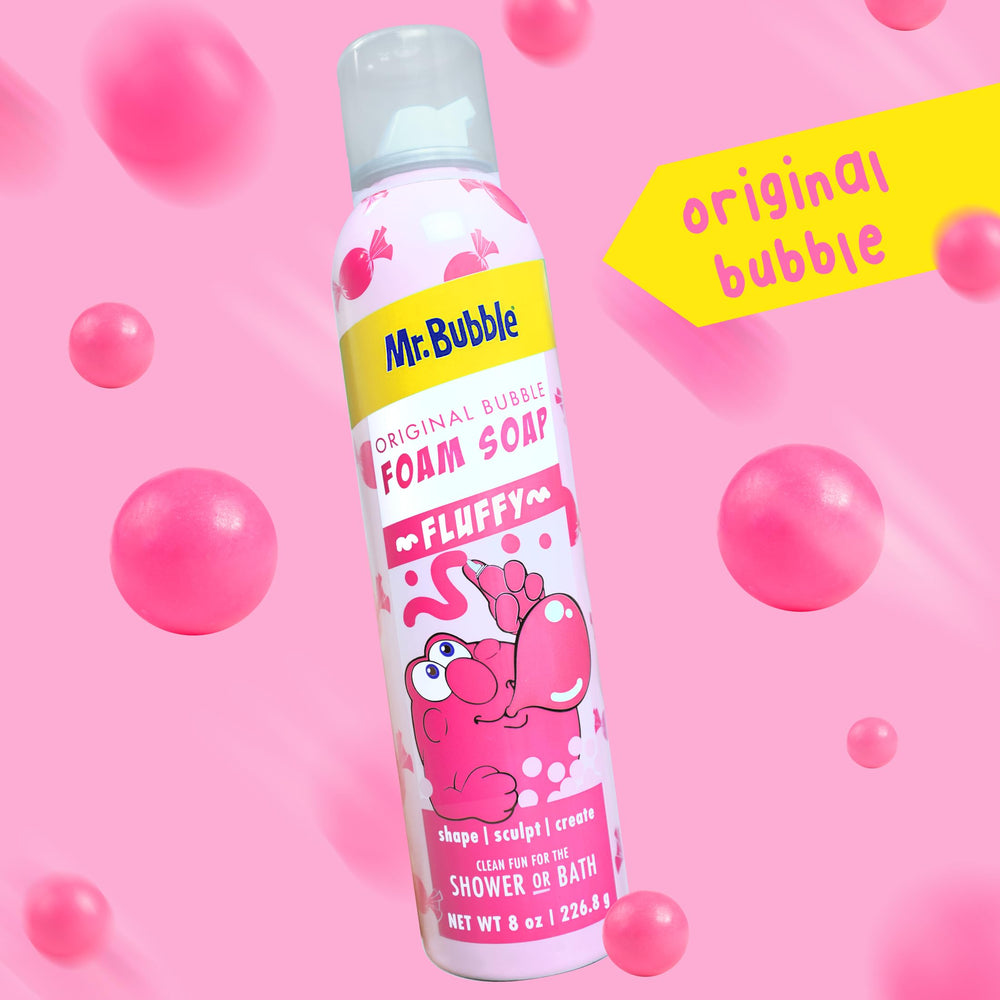 Mr. Bubble 6-pack on countertop with foam detail for bath time.