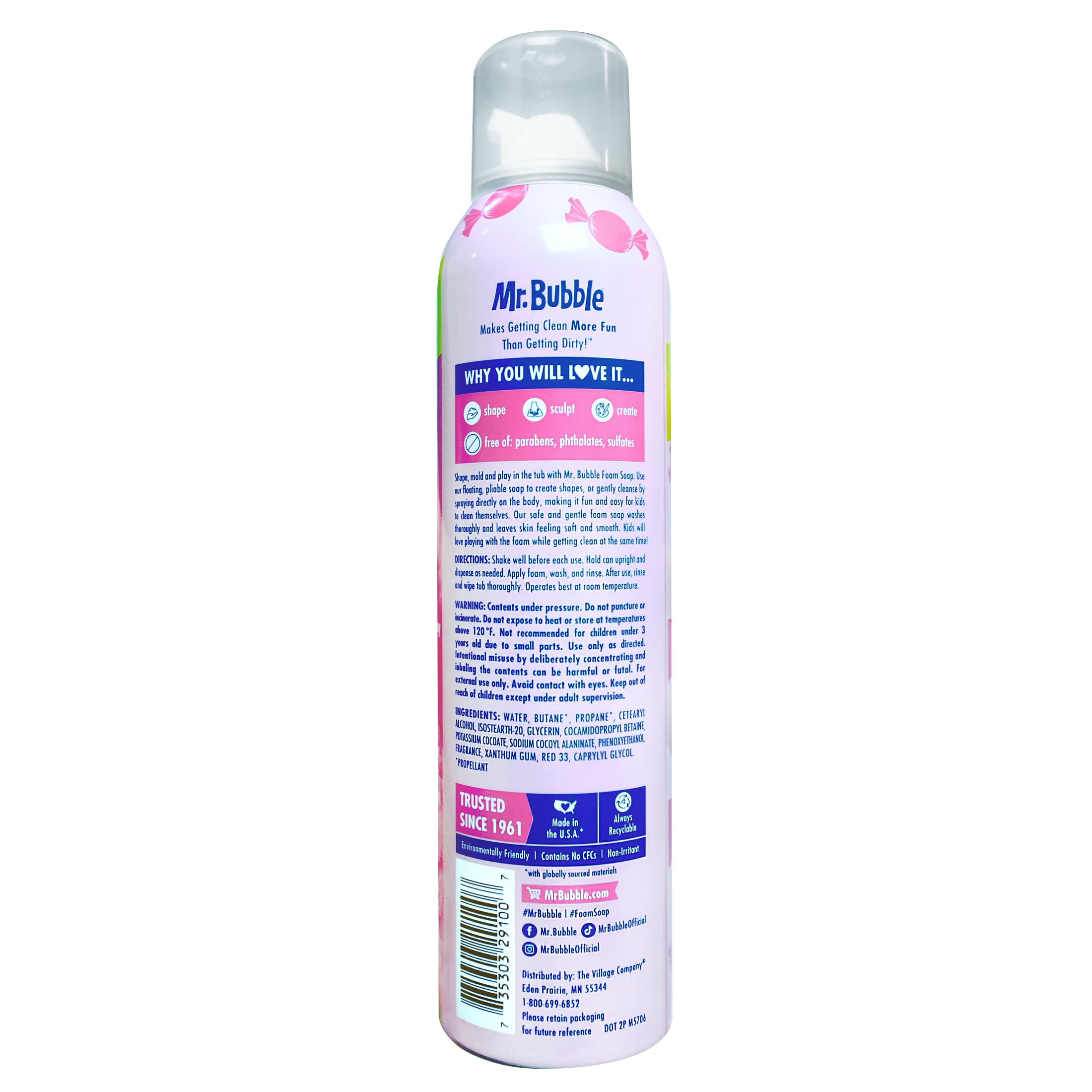 Mr. Bubble pack6 display showing bubblegum scent and foamy texture for family fun.