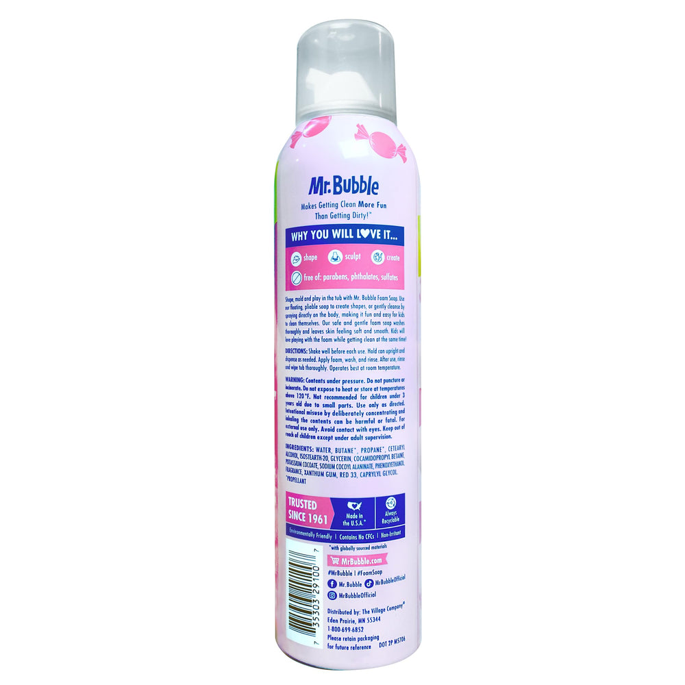 Mr. Bubble pack6 display showing bubblegum scent and foamy texture for family fun.