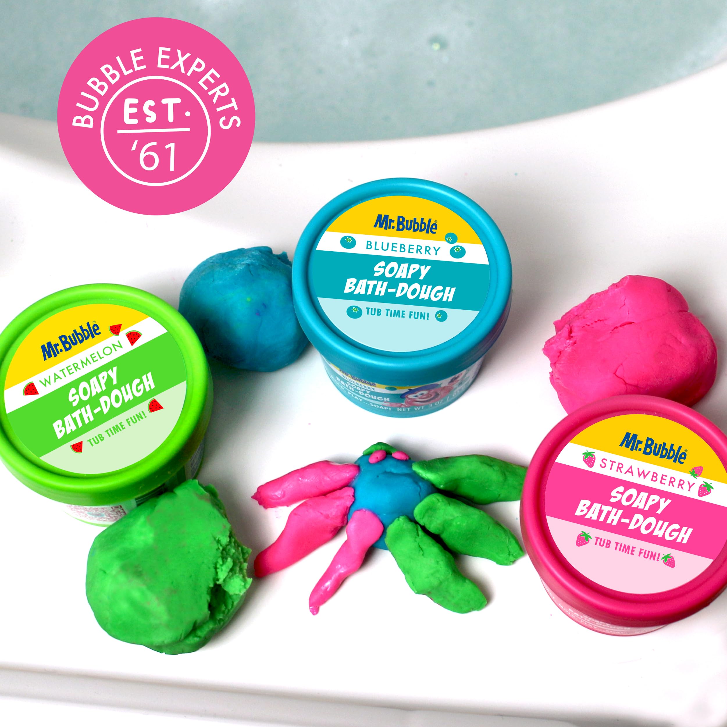 Mr. Bubble Soapy Bath Dough soft-foam image suggests gentle cleansing and stress-free bath time.