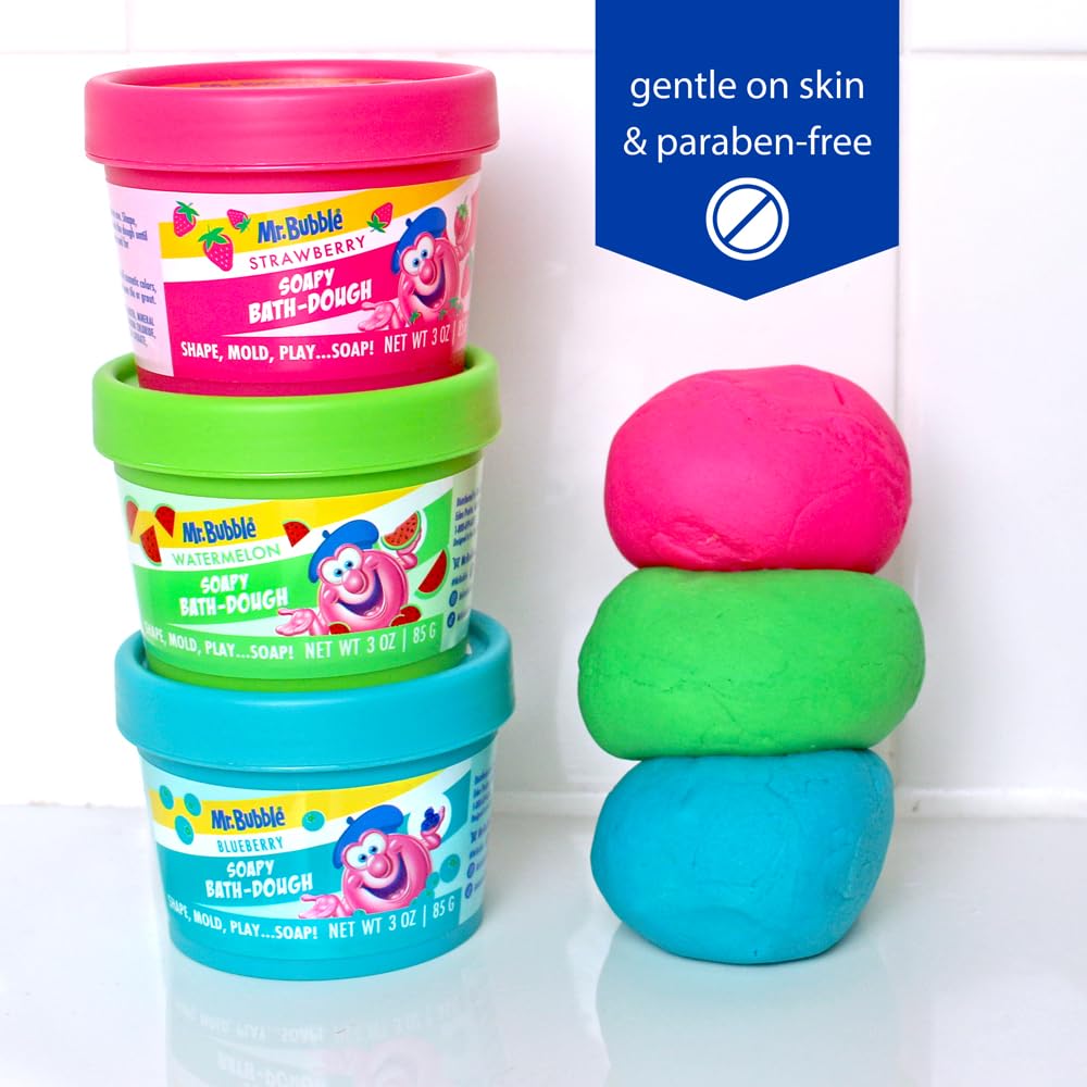Mr. Bubble Soapy Bath Dough watermelon-scent in tub delivers refreshing fruity aroma for bath-time fun.