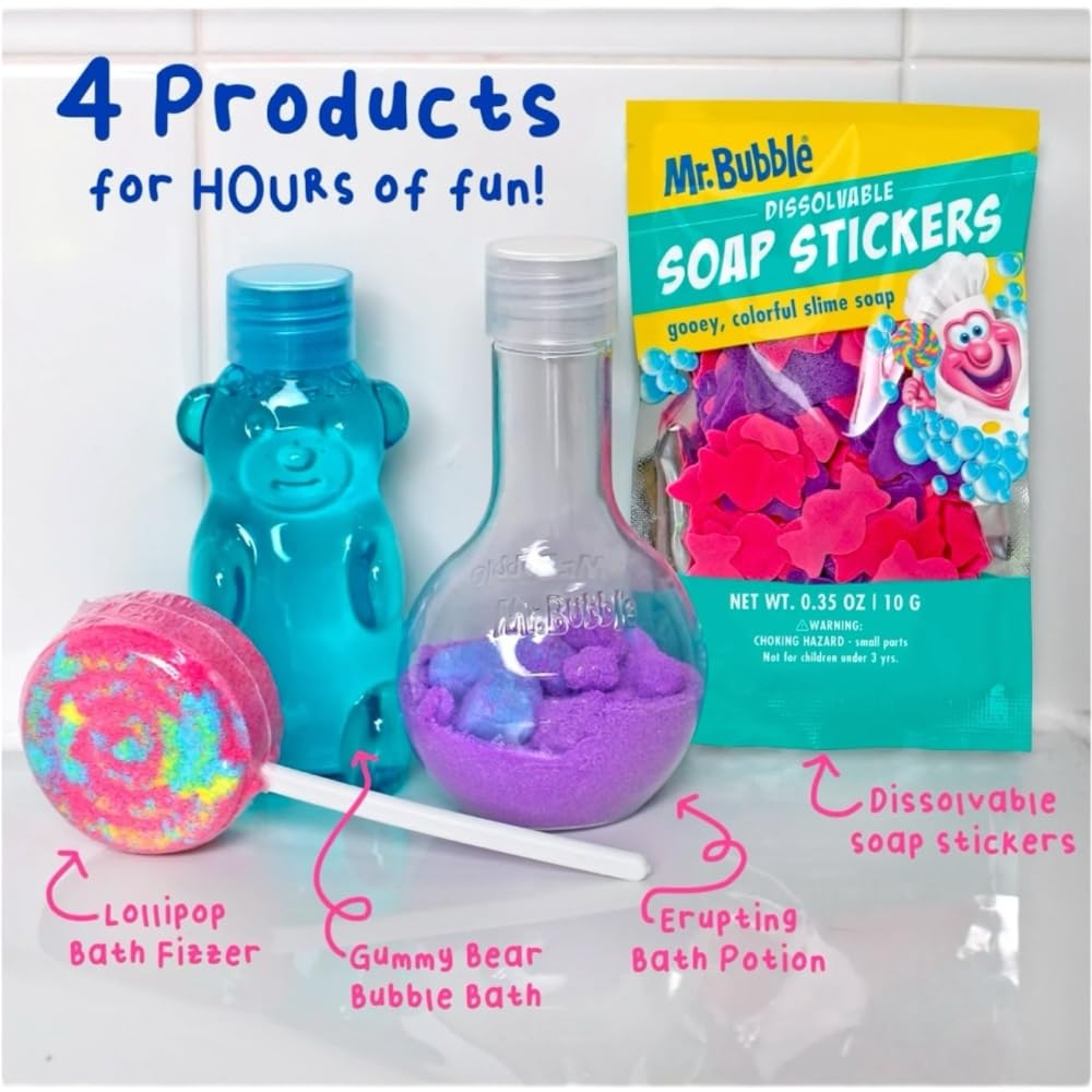 Mr Bubble Sweet Treats Gummy Bear Bubble Bath creates rich foam for playful baths.