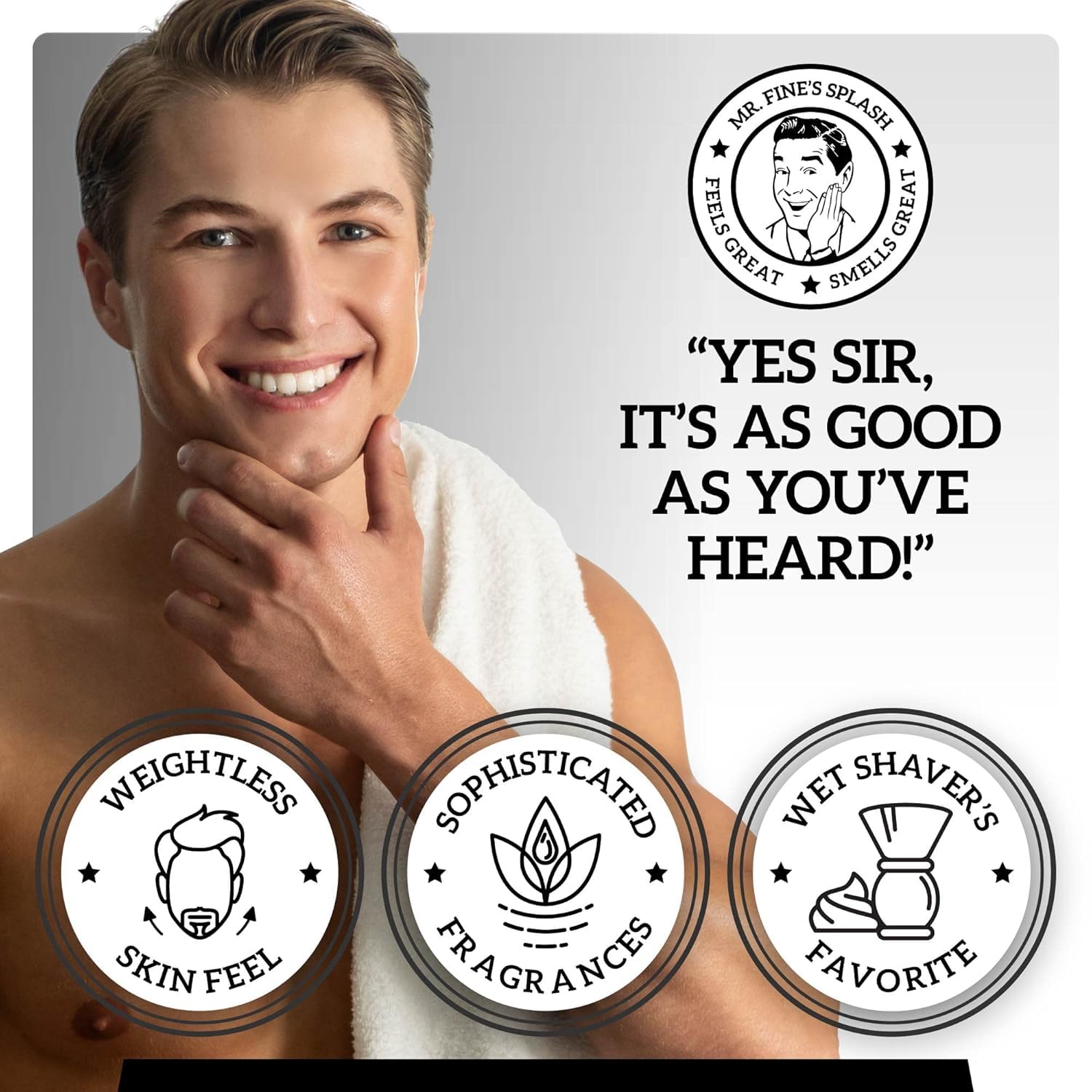 Mr. Fine aftershave post-shave routine shot shows quick, refreshing use