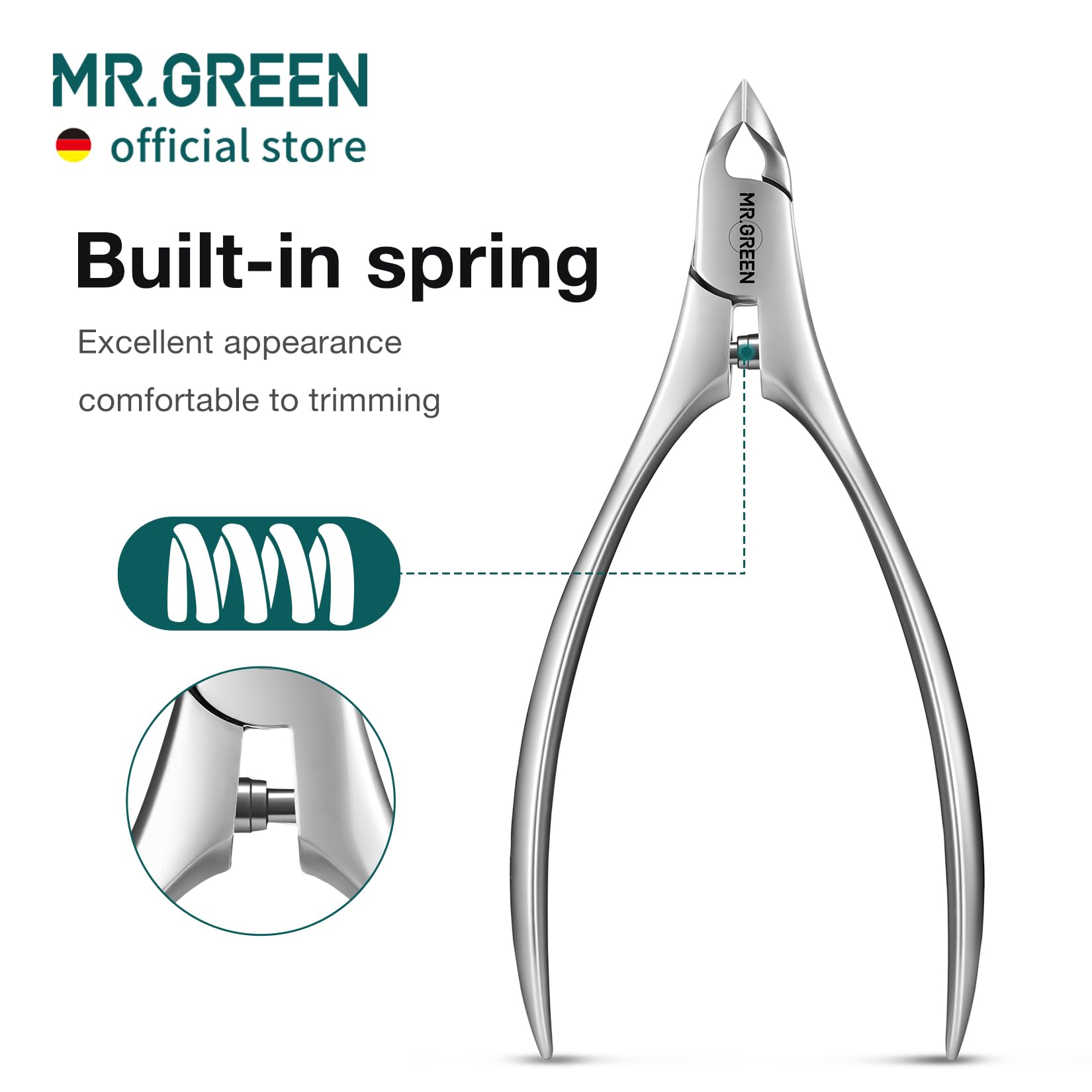 MR.GREEN cuticle nippers blade detail demonstrates Seiko sharp edge for clean cuts.