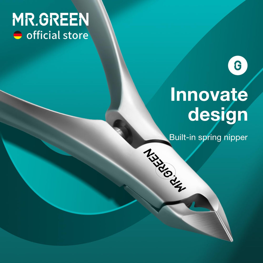 MR.GREEN cuticle nippers handle detail shows ergonomic curved grip for comfortable trimming.