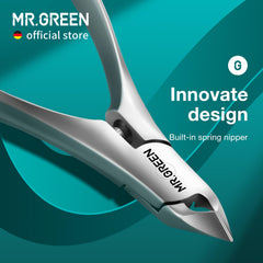 MR.GREEN cuticle nippers handle detail shows ergonomic curved grip for comfortable trimming.