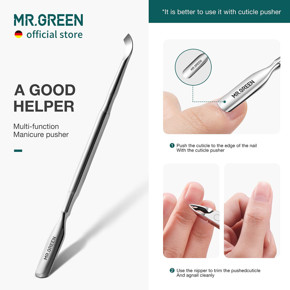 MR.GREEN Cuticle Nippers with Pusher action assists smooth cleanup and precise trimming.