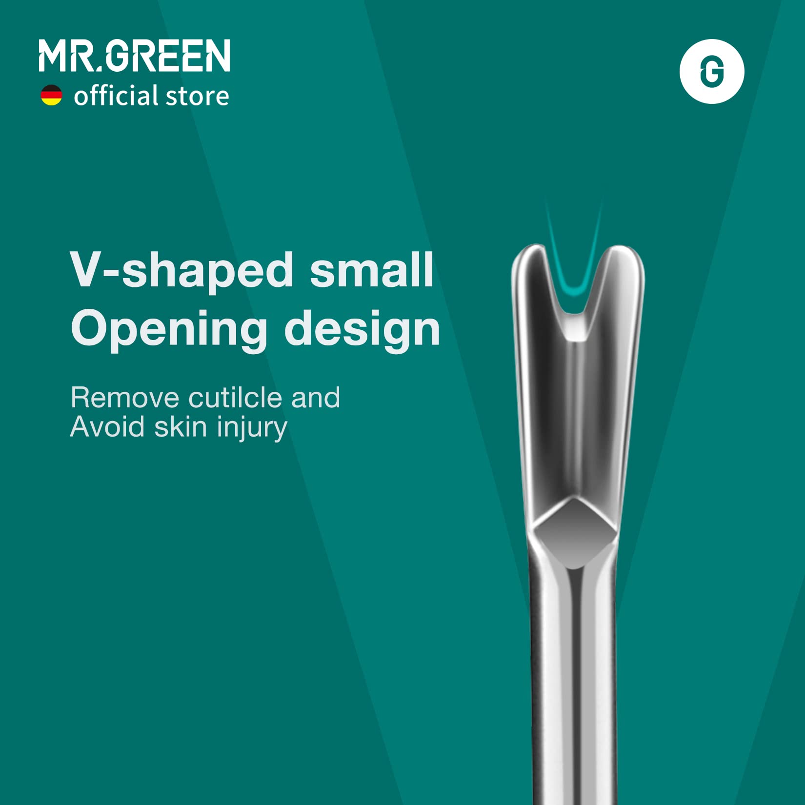 MR.GREEN Cuticle Pusher with ceramic sandblasted surface for skin friendly touch.