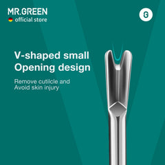 MR.GREEN Cuticle Pusher with ceramic sandblasted surface for skin friendly touch.