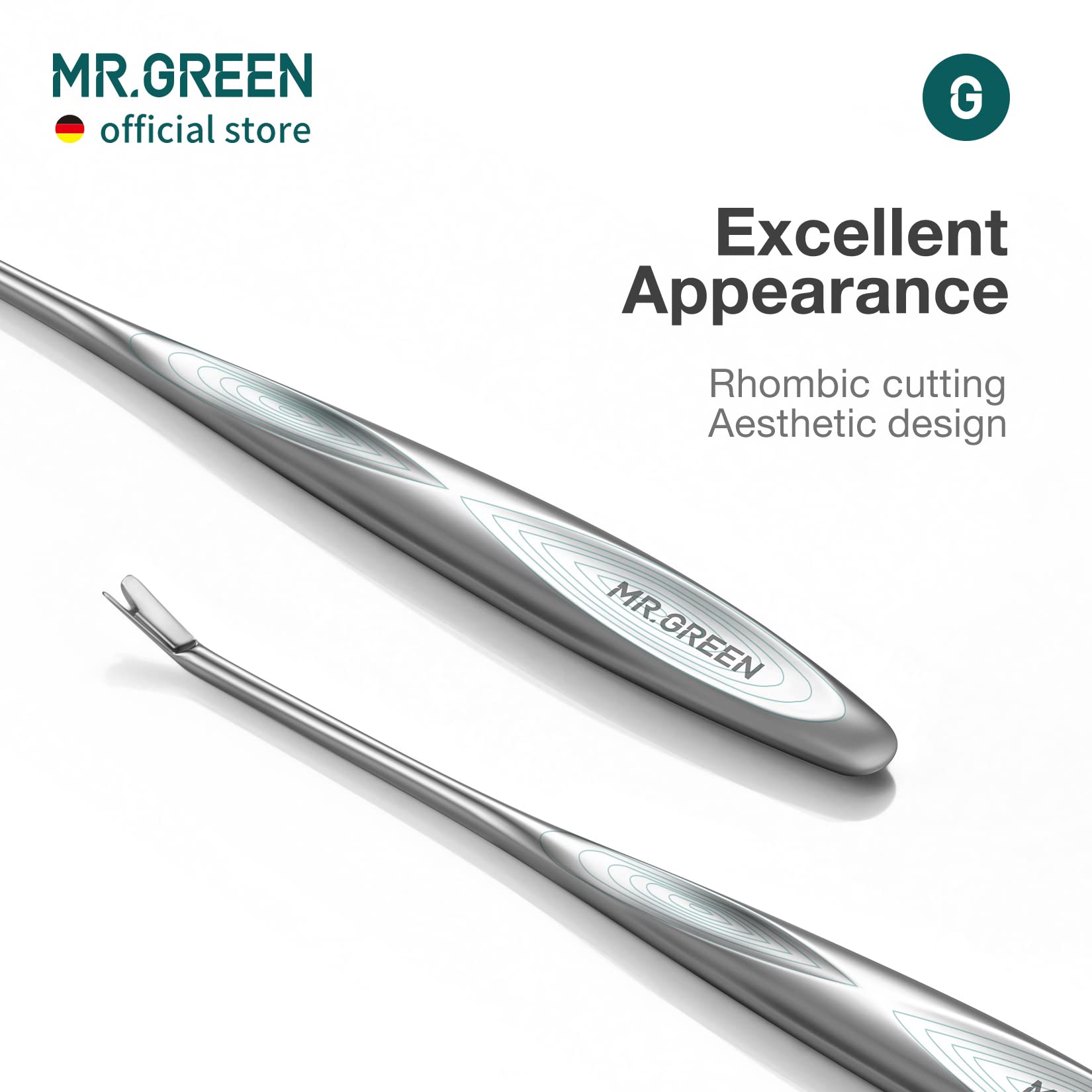 MR.GREEN Cuticle Pusher rhombic design enhances aesthetics and grip.