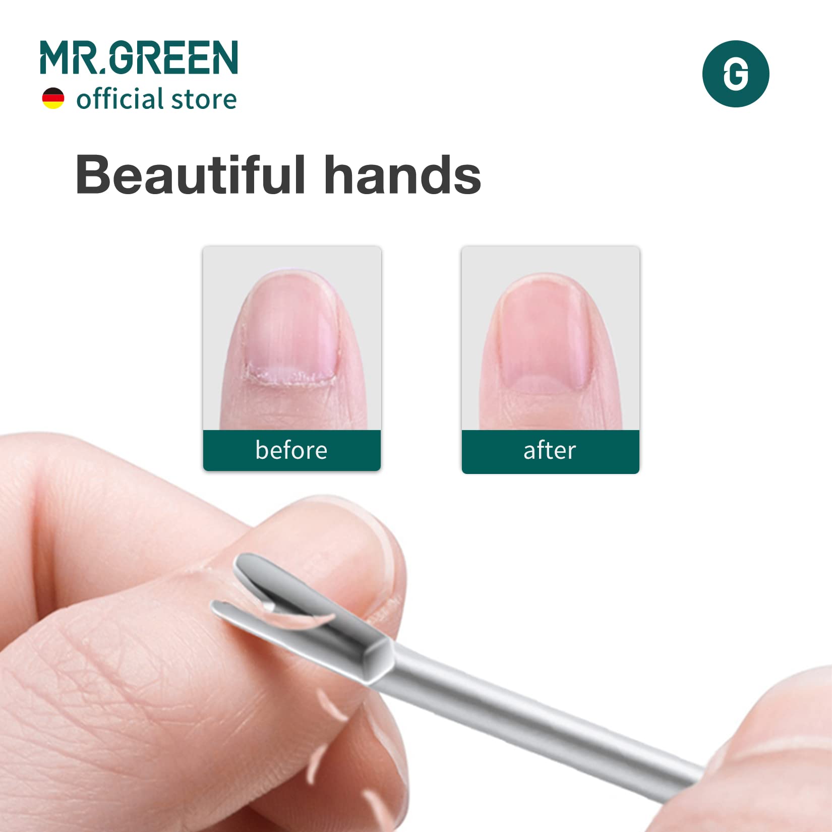 MR.GREEN Cuticle Pusher showing V shaped opening for clean cuticle access.