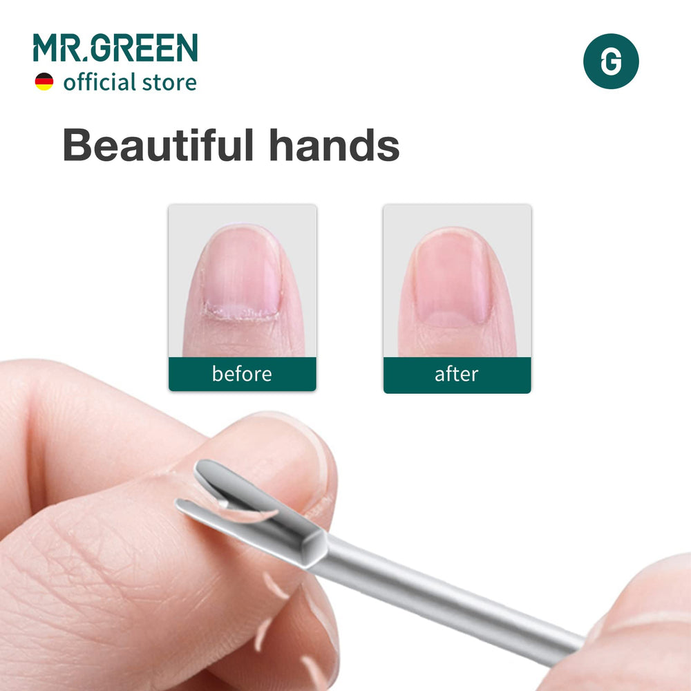 MR.GREEN Cuticle Pusher showing V shaped opening for clean cuticle access.