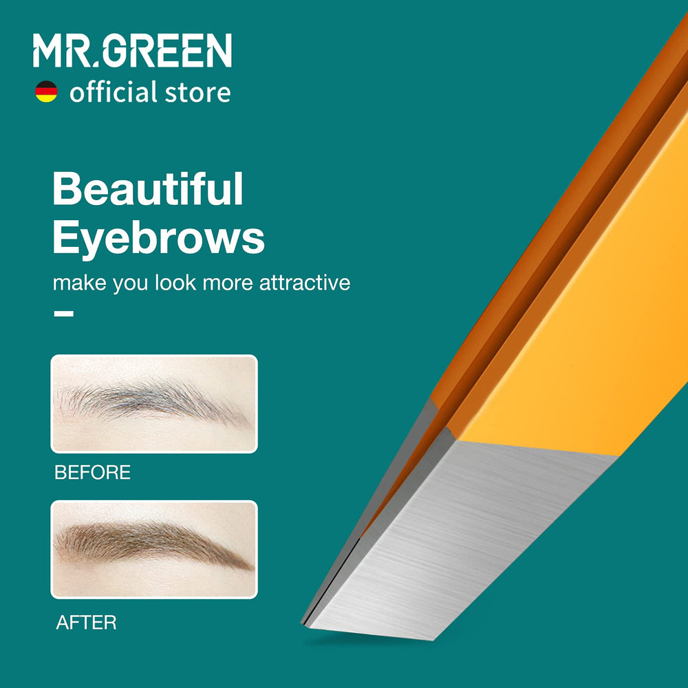 MR.GREEN eyebrow tweezers orange close-up shows smooth stainless steel finish and colorful plating