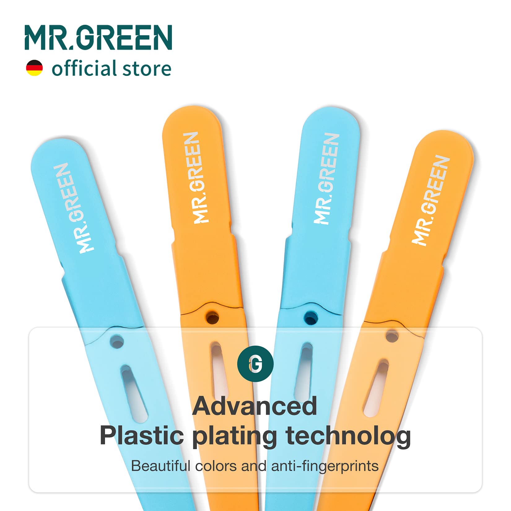 MR.GREEN protective-cap-covered orange tweezers ready for safe storage