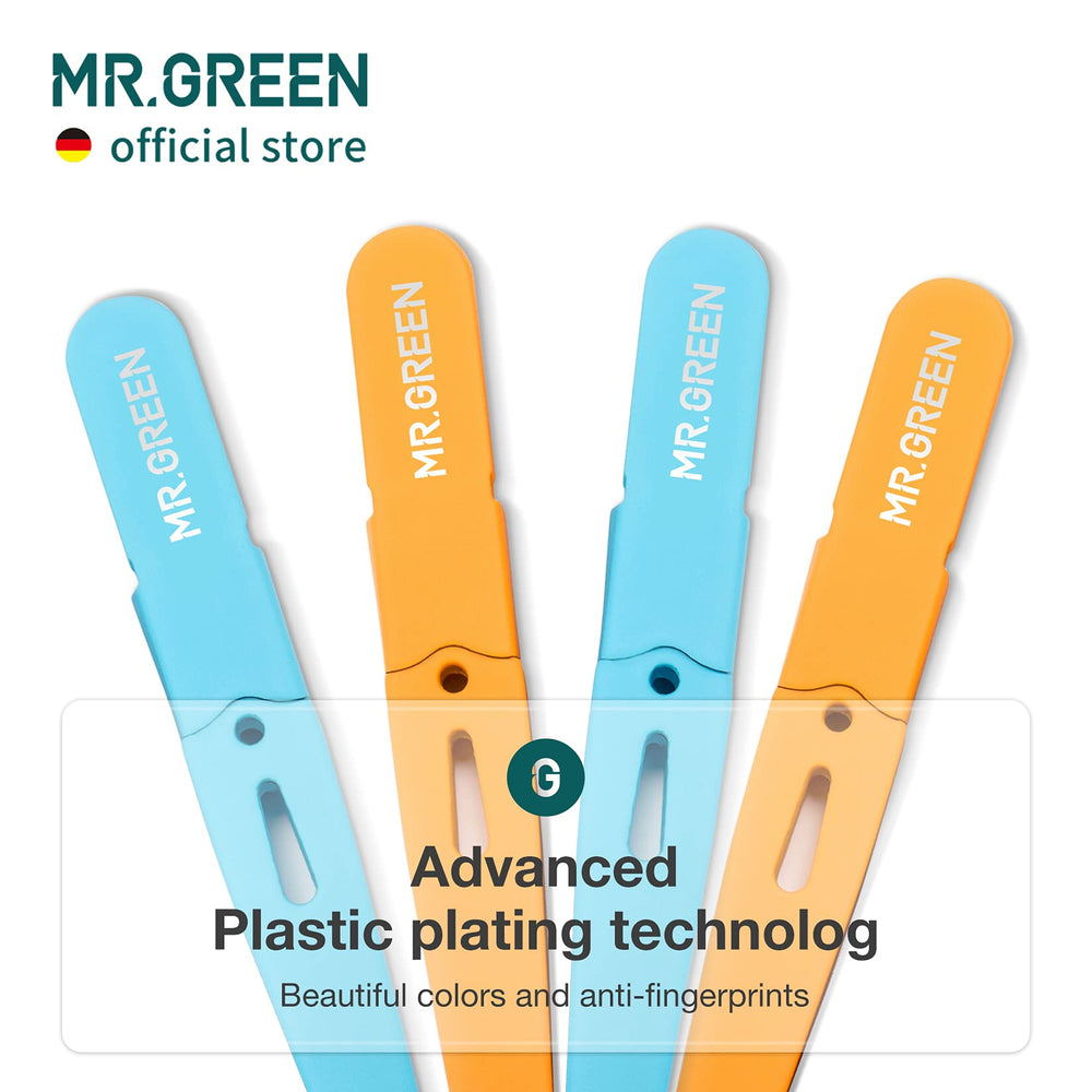 MR.GREEN protective-cap-covered orange tweezers ready for safe storage