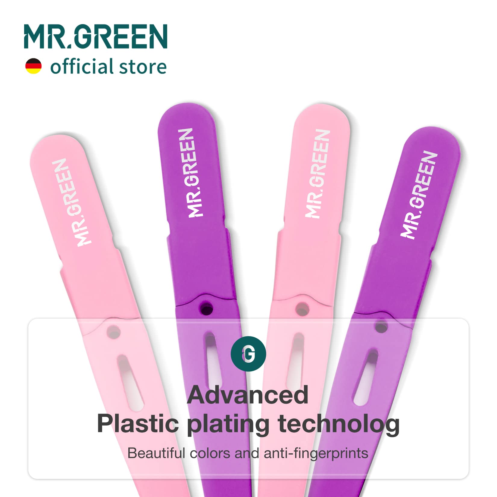 MR.GREEN Eyebrow Tweezers purple ergonomic handle offers comfortable grip during precision tweezing
