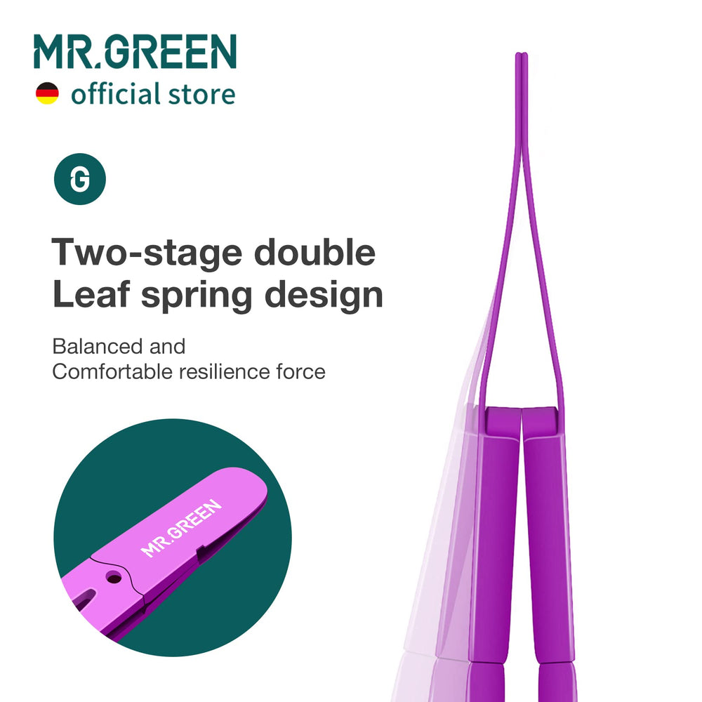 MR.GREEN Eyebrow Tweezers purple stainless steel finish showcases durability and color-rich plating