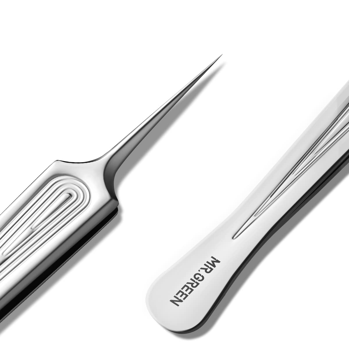 MR.GREEN ingrown hair tweezers with peacock pattern offer precise grip for delicate hairs and splinters.